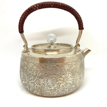 Pure Silver 999 Kettle - Peony with Jade Handle  - 950 ml