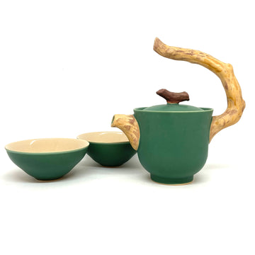 Tea Set - Three Piece - Wood Sculpted Handle