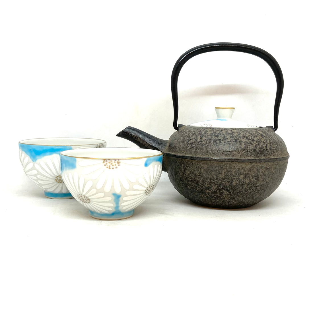 Cast Iron Teapot with Ceramic Lid - Three Piece Set - Daisies - K0332