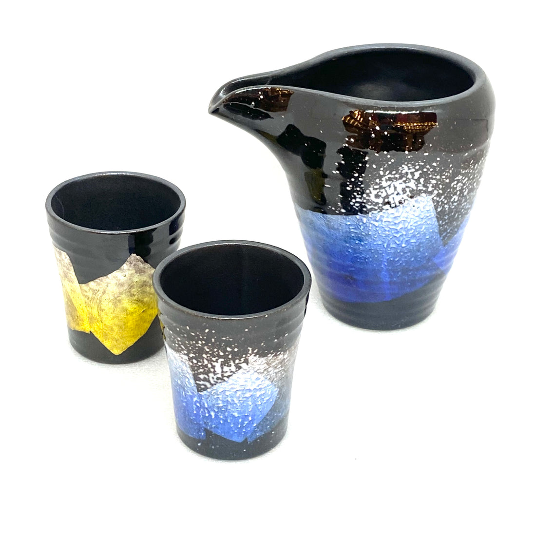 Sake Set- Katakuchi and Two Cups - Silver Foil