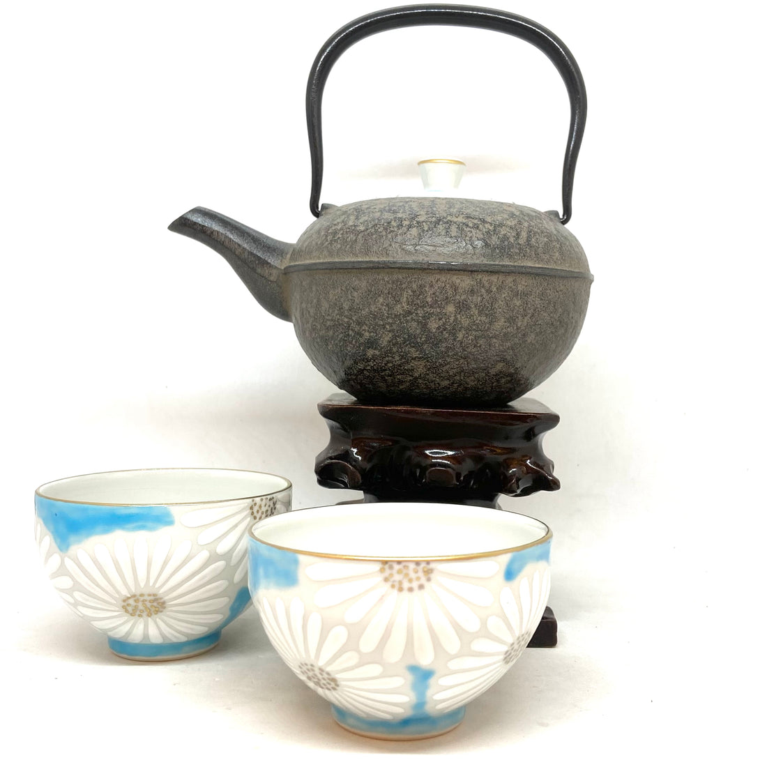 Cast Iron Teapot with Ceramic Lid - Three Piece Set - Daisies - K0332