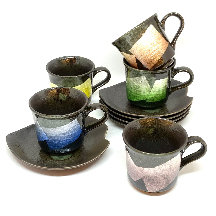 Japanese Tea Cup Set - Five Pieces - Cups and Saucers - Silver Leaf - 1023